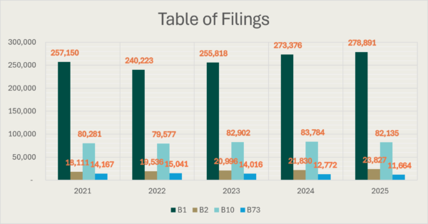 Bar Chart covering the period 2021 to 2025 showing the number of filings for B1, B2, B10 and B73. For 2021 the figure for B1 is 257,150, for B2 it is 18,111, for B10 it is 80,281 and for B73 it is 14,187. For 2022 the figure for B1 is 240,223, for B2 it is 19,536, for B10 it is 79,577 and for B73 it is 15,041. For 2023 the figure for B1 is 255,818, for B2 it is 20,988, for B10 it is 82,902 and for B73 it is 14,016. For 2024, the figure for B1 is 273,376, for B2 it is 21,830, for B10 it is 83,784 and for B73 it is 12,722. For 2025 the figure for B1 is 278,91, for B2 it is 23,827, for B10 it is 82,135 and for B73 it is 11,664.